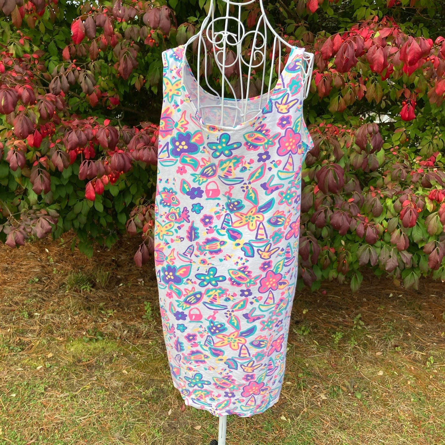 Vintage 90s dress white cotton |S-M| tank top neon pink orange purple novelty fish sail boat print beach 1990s Eyecatcher