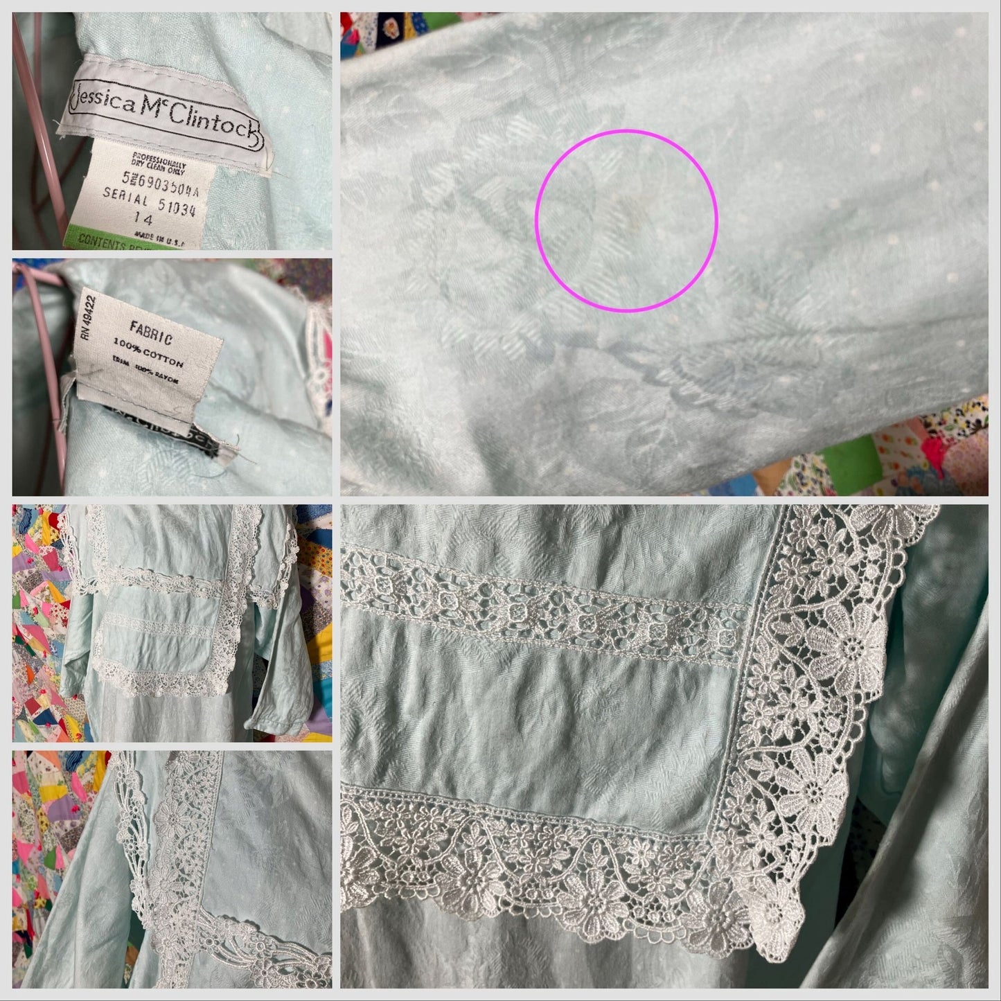 vintage 80s Jessica McClintock dress pastel blue bib collar | M - L | crochet lace floral polka dot