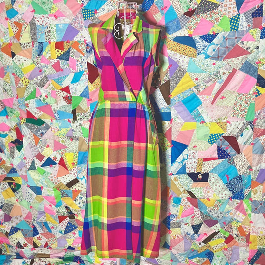 vintage 80s 90s dress rainbow plaid | XS-S | cottage purple blue pink green madras farmcore colorful bright 1990s Expo