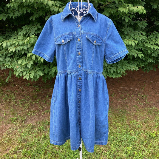 vintage Eddie Bauer cottage core denim dress 90s 1990s cotton western farmcore jean dark to medium wash collared |S-M| short sleeve
