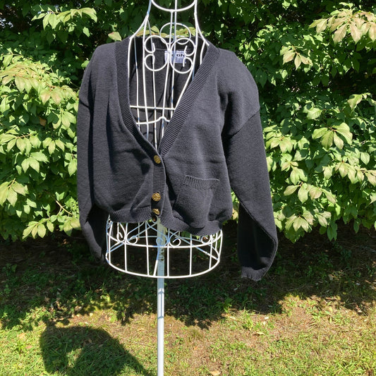 Vintage grandma cardigan sweater crop  |M-L | 90s black cotton cottage v neck minimal cropped Big City