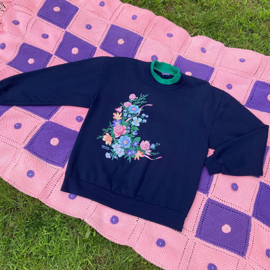 Vintage grandma sweatshirt navy blue pink rose floral | M - XL | collared soft 90s 1990s collar flower Morning Sun Forrer