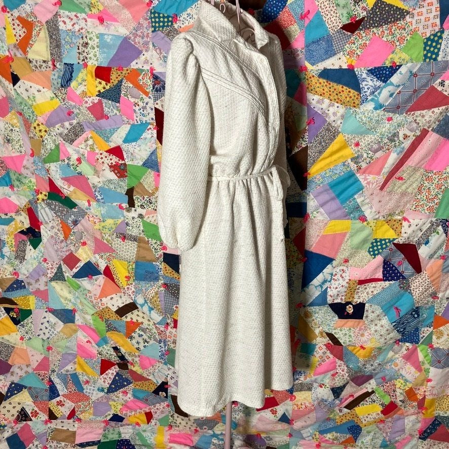 vintage 70s dress off white 1970s 1980s  | XS-S |  secretary textured Aygee ilgwu union made flax poly blend
