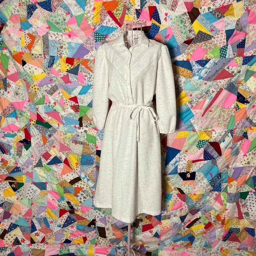 vintage 70s dress off white 1970s 1980s  | XS-S |  secretary textured Aygee ilgwu union made flax poly blend