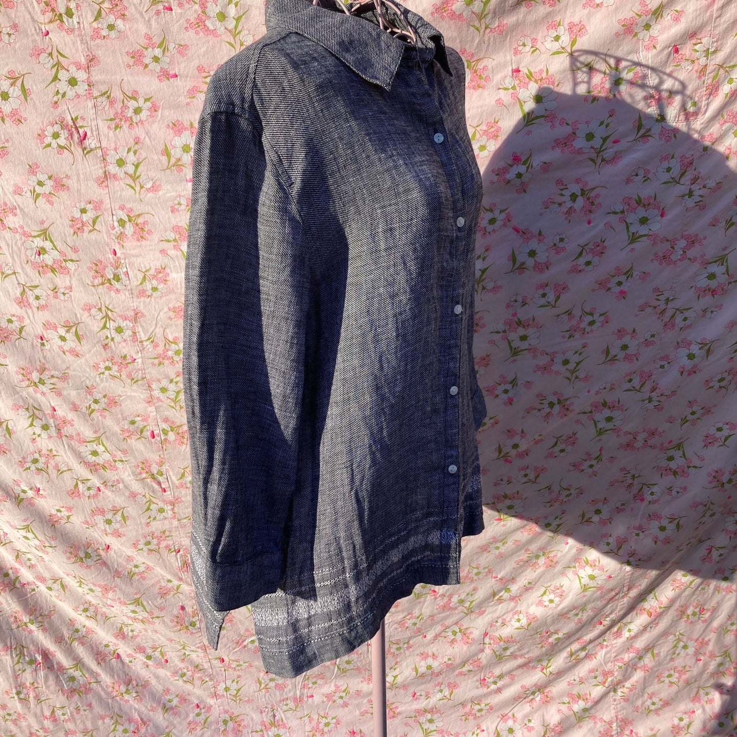 vintage y2k  shirt button up band collar top linen black white gray | M - L |  Norton McNaughton
