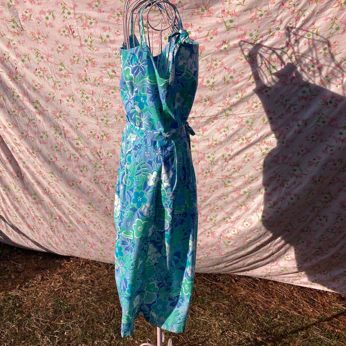 Vintage 70s dress blue teal floral print | M-L| 1970s floral swim beach Sea Waves