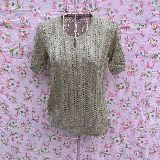Vintage 90s sweater 1990s open weave tan short sleeve top