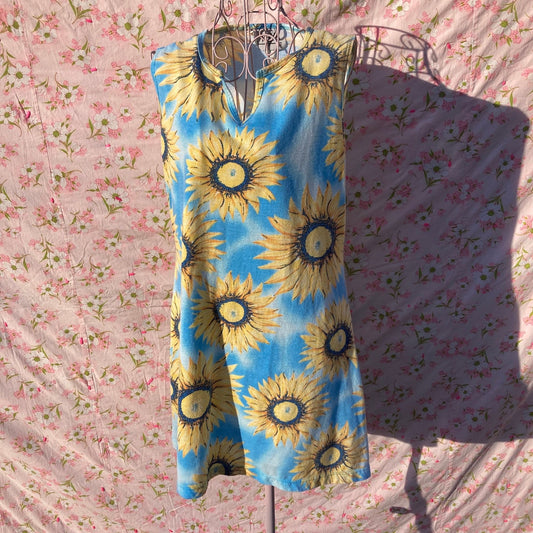 Vintage 90s y2k floral cover up house dress  |S - M| cotton blue yellow sunflowers NY-5