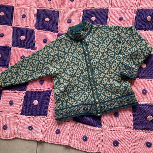 Vintage ll bean wool blend sweater cardigan  M L 90s sage green white abstract fair isle made in USA