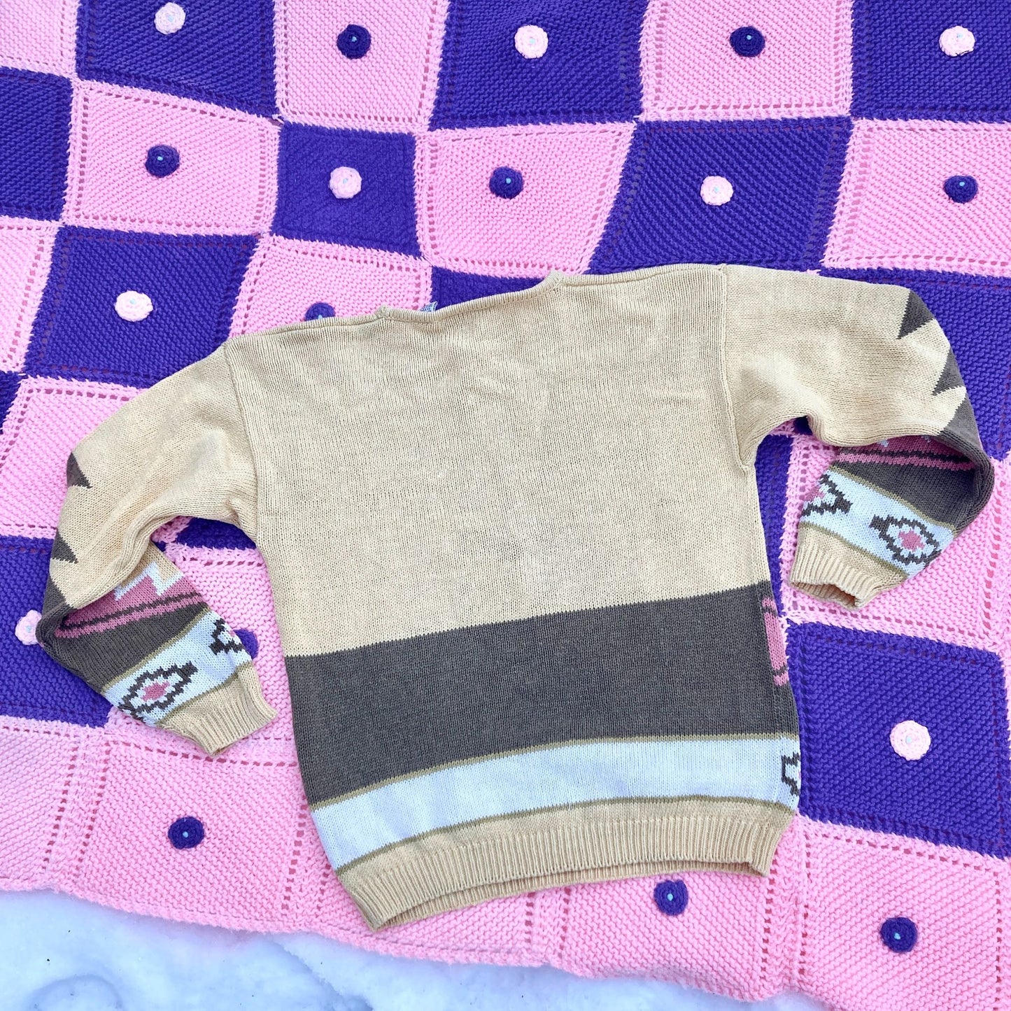 vintage 90s sweater  long sleeve pink tan light butter yellow 1990s geometric southwest mended repaired Autograph American Clothing