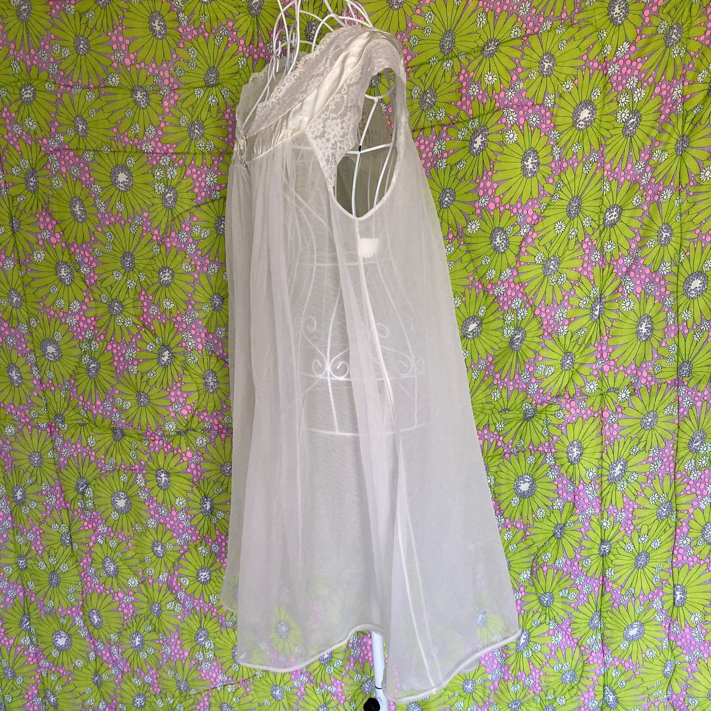 vintage 60s 70s  mesh and lace peignoir prairie robe chiffon lingerie nylon