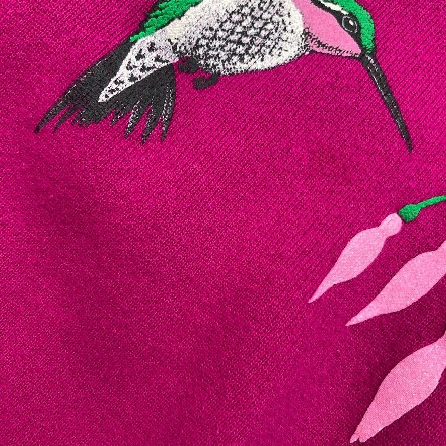 Vintage grandma sweatashirt Morning Sun Cabin Creek collar  hummingbird print  bright pink |S - L| fuchsia 90s floral garden birds Whitton