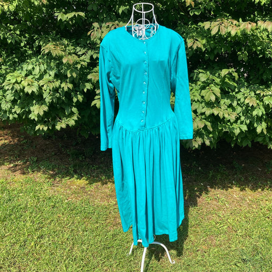 vintage dress 80s 90s cottage core cotton 1990s teal western farmcore |S-M| long sleeve Ivy Impressions