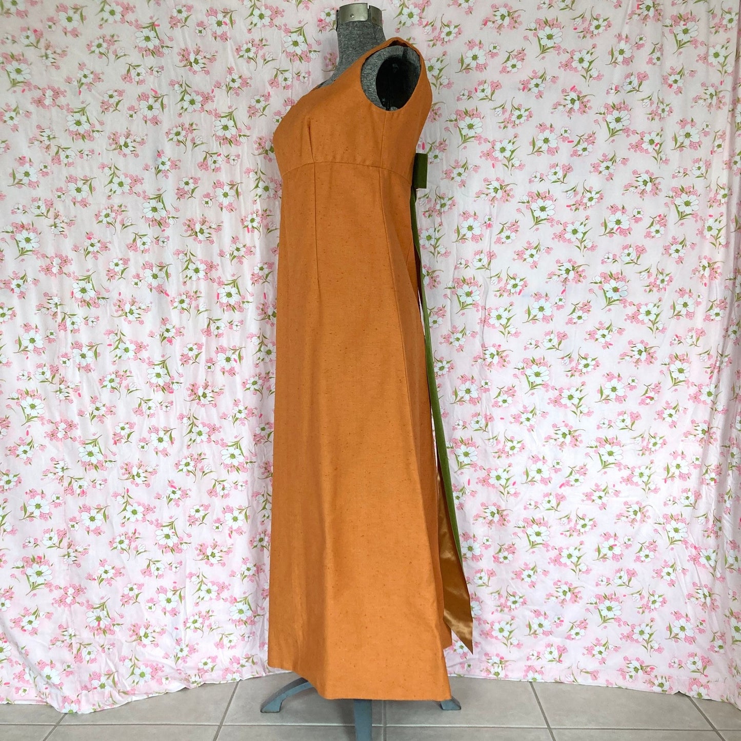 vintage 70s dress |S-M | sleeveless burnt orange  1970s hand made one of a kind rust olive green bow empire waist
