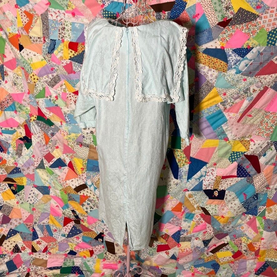 vintage 80s Jessica McClintock dress pastel blue bib collar | M - L | crochet lace floral polka dot