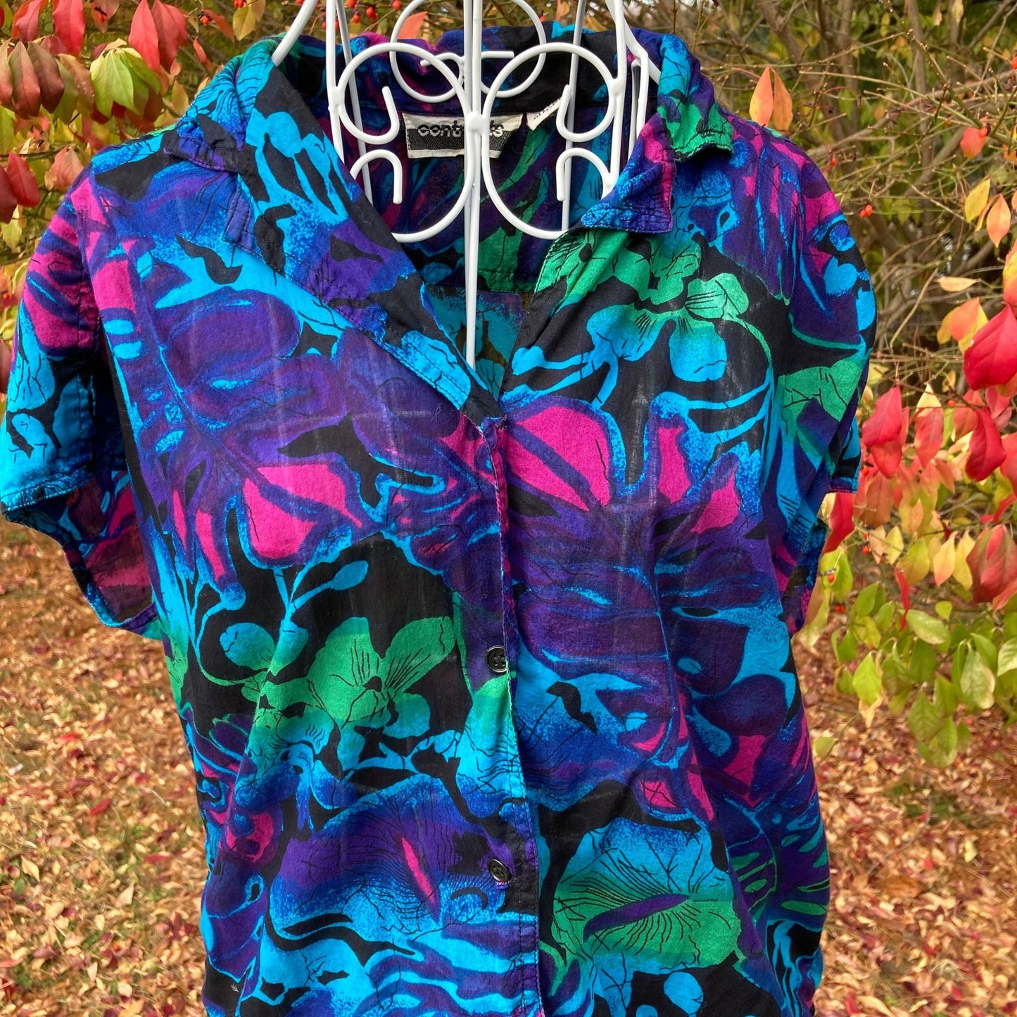 Vintage 80s 90s shorts and top matching set | XS-S  |  black green blue purple cotton  floral two piece 1980s Contrasts