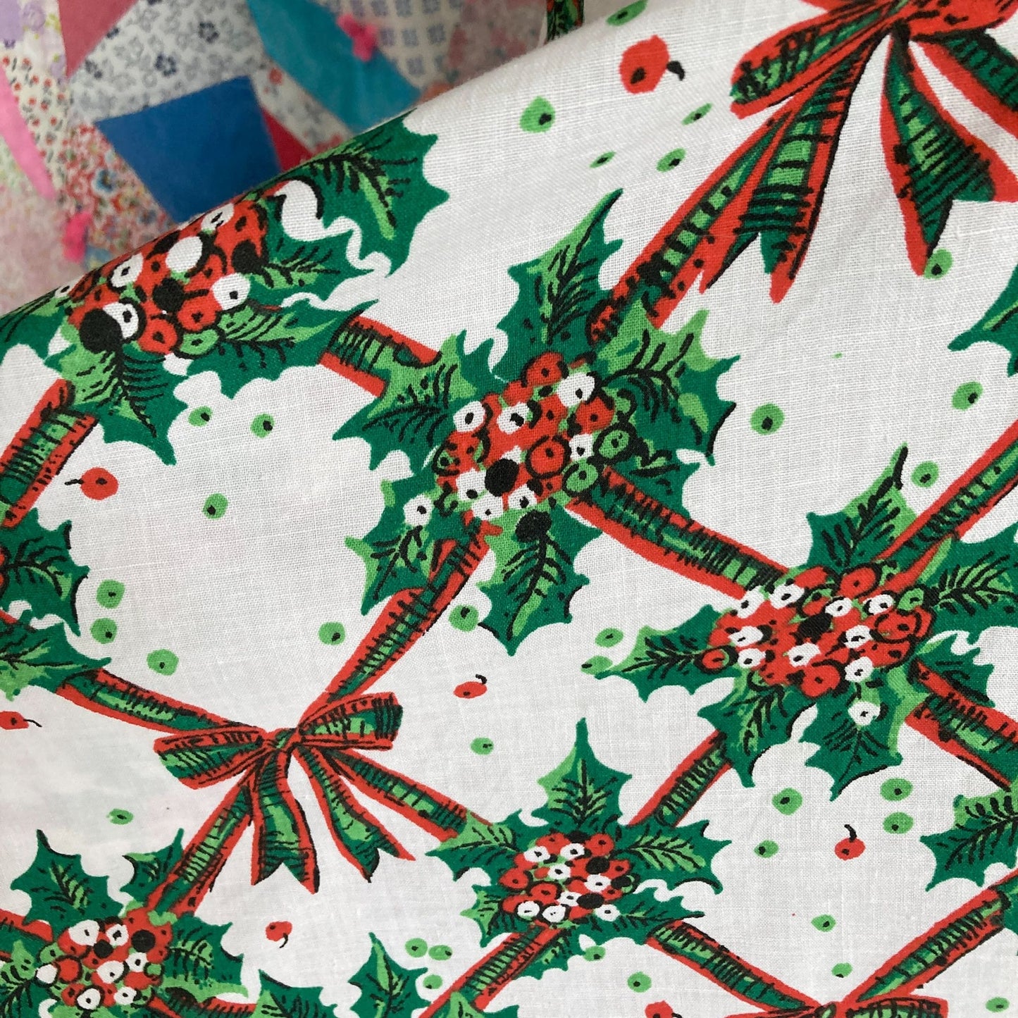 vintage 60s 70s dress red green | M-L | bow floral holly holiday christmas red green