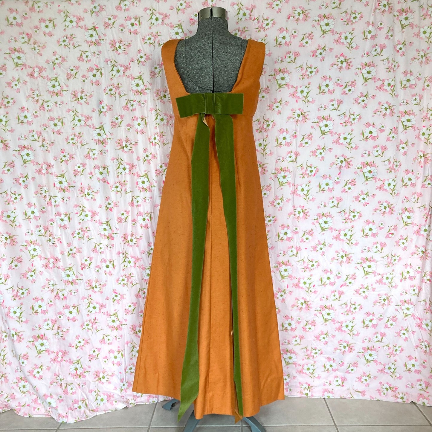 vintage 70s dress |S-M | sleeveless burnt orange  1970s hand made one of a kind rust olive green bow empire waist