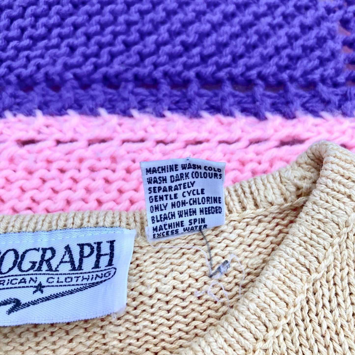 vintage 90s sweater  long sleeve pink tan light butter yellow 1990s geometric southwest mended repaired Autograph American Clothing