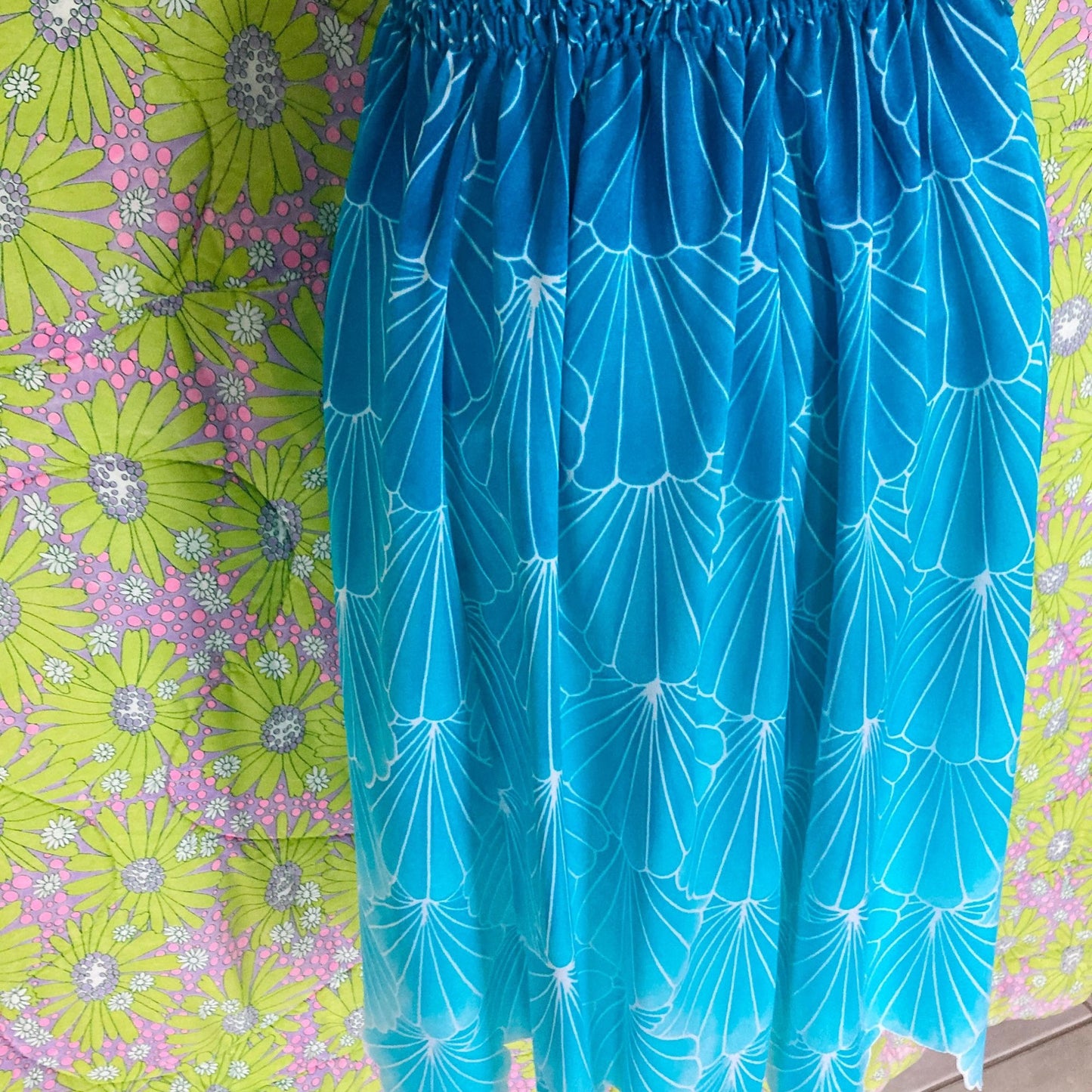 Vintage 70s skirt blue teal novelty shell print XS-M 1970s scallop swim beach DeWeese Design