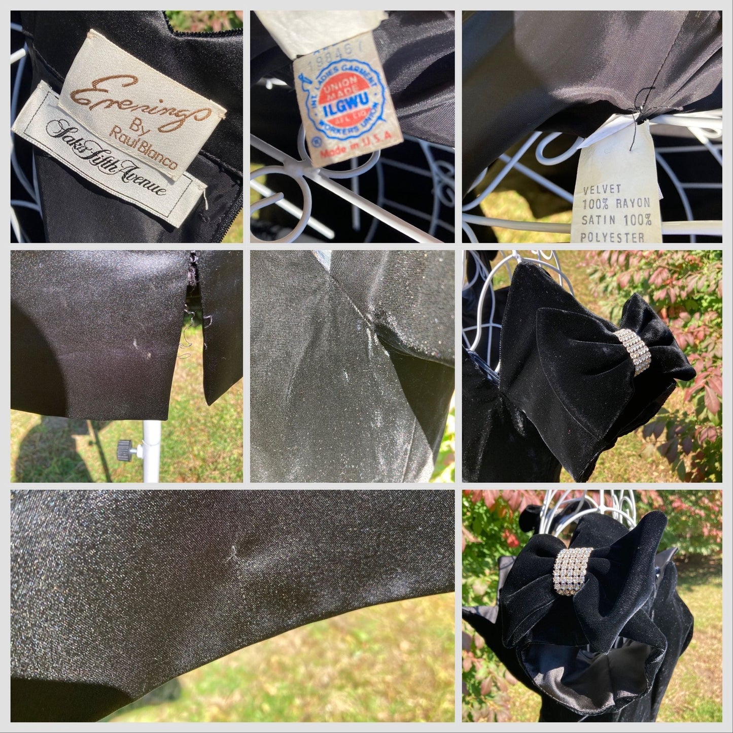 Vintage 80s dress Saks Fifth Avenue velvet black  1980s  bow ILGWU union made satin Evenings by Raul Blanco