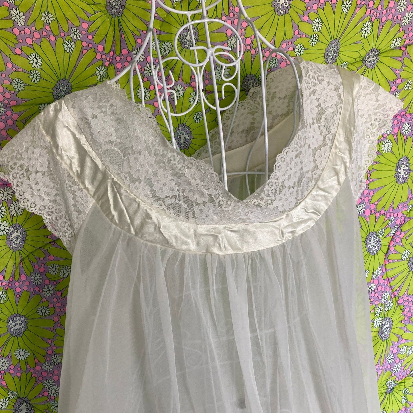 vintage 60s 70s  mesh and lace peignoir prairie robe chiffon lingerie nylon