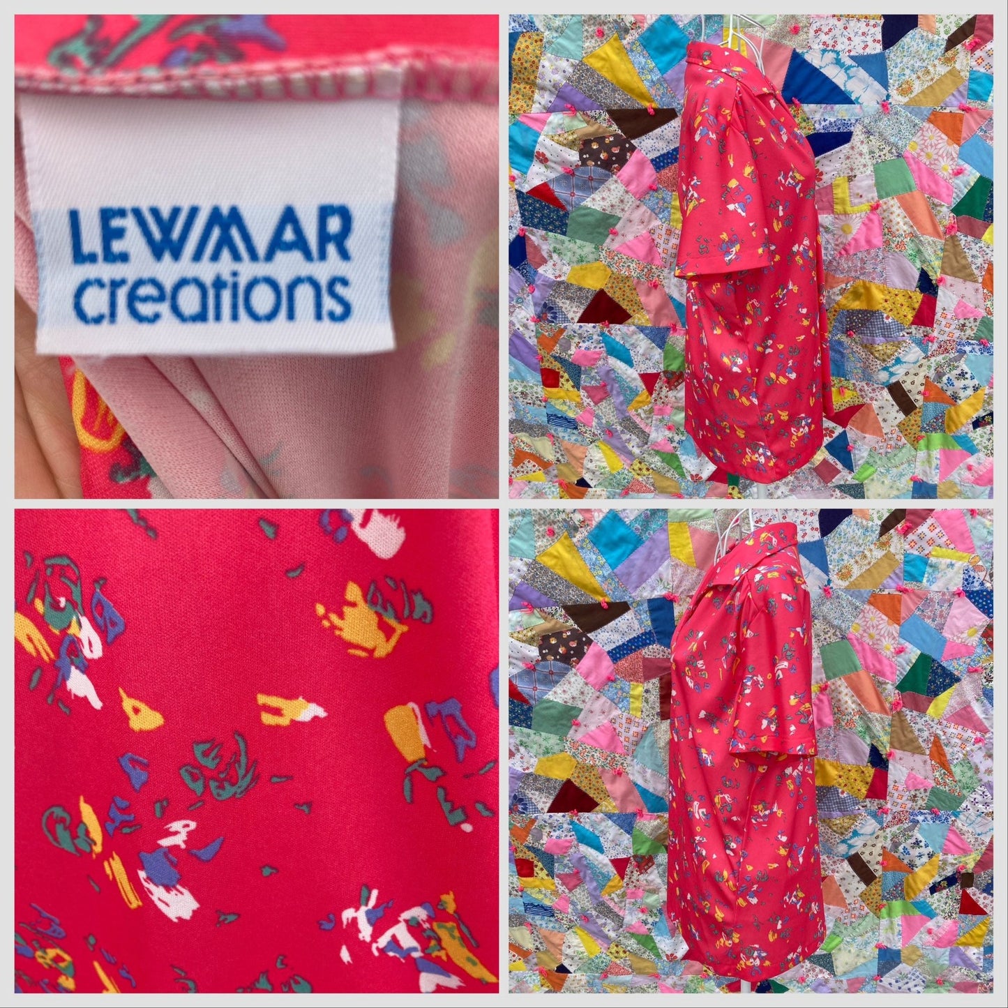 Vintage 70s top blouse collar 1970s short sleeve pink abstract Lewmar Creations