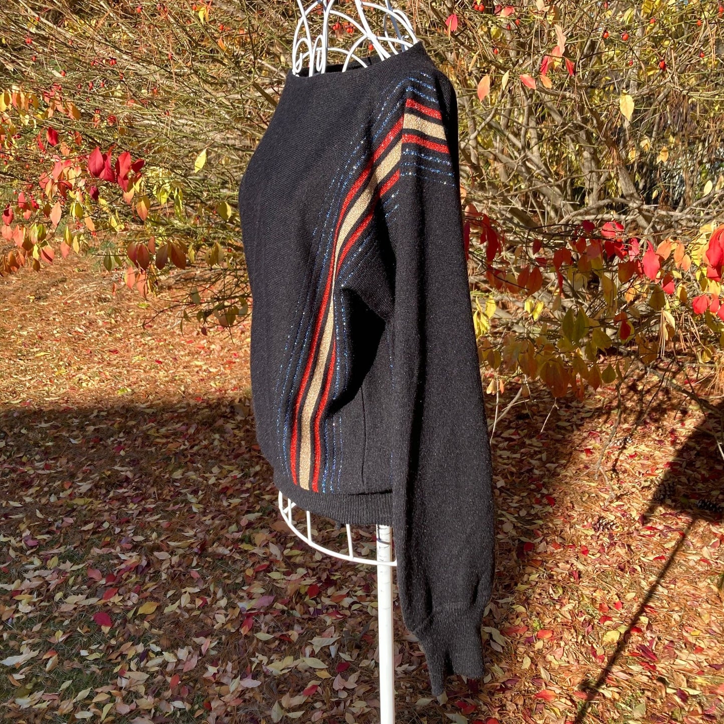 vintage 80s black sweater striped metallic sparkly gold red blue 1980s Liz Claiborne