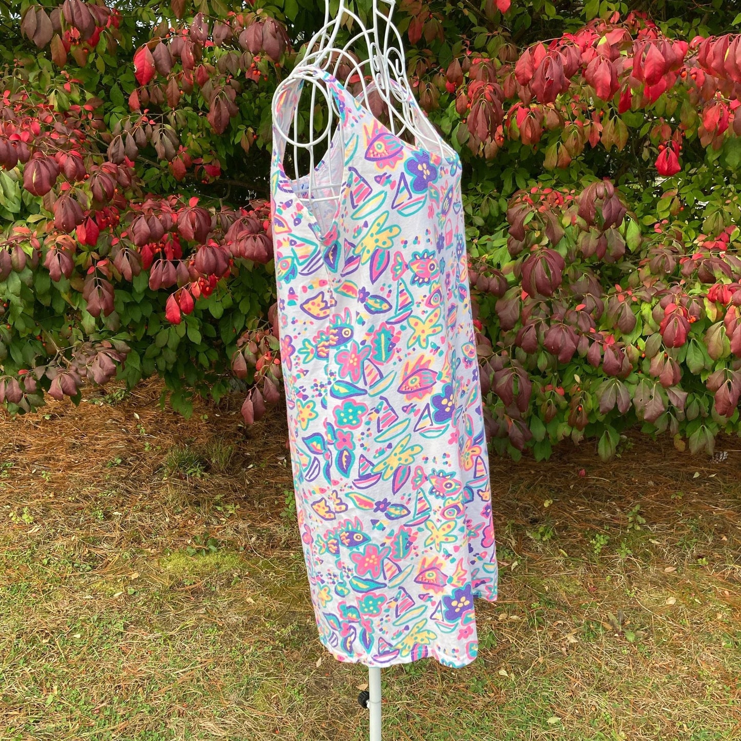 Vintage 90s dress white cotton |S-M| tank top neon pink orange purple novelty fish sail boat print beach 1990s Eyecatcher