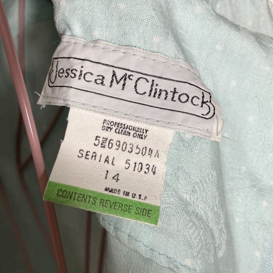 vintage 80s Jessica McClintock dress pastel blue bib collar | M - L | crochet lace floral polka dot