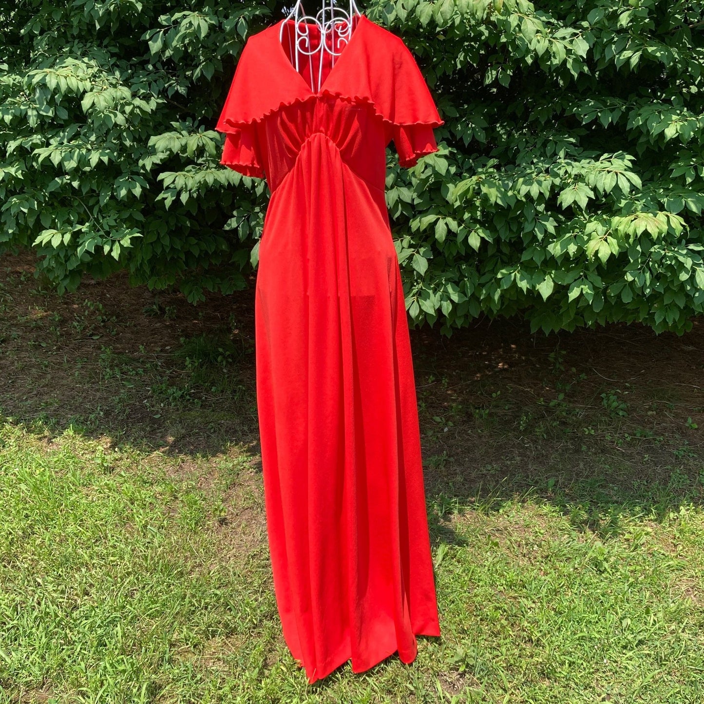 70s vintage maxi dress red XS-M 1970s party long Sears flutter sleeve lettuce hem emprire waist