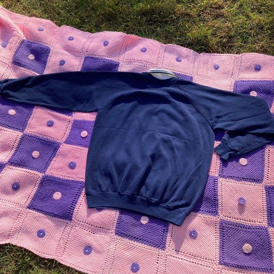 Vintage 80s grandma sweatshirt cottage Morning Sun navy blue floral |M-L| collared 1980s wheel wildflower cattails country