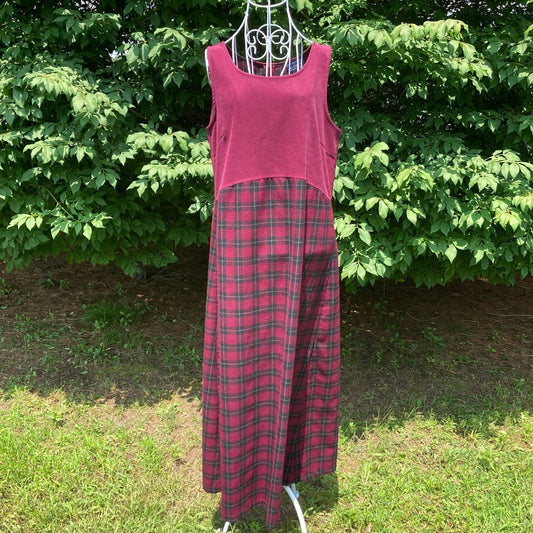 vintage 90s dress plaid maroon cottage 1990s  western farmcore plaid M-L Blue J. Maxi