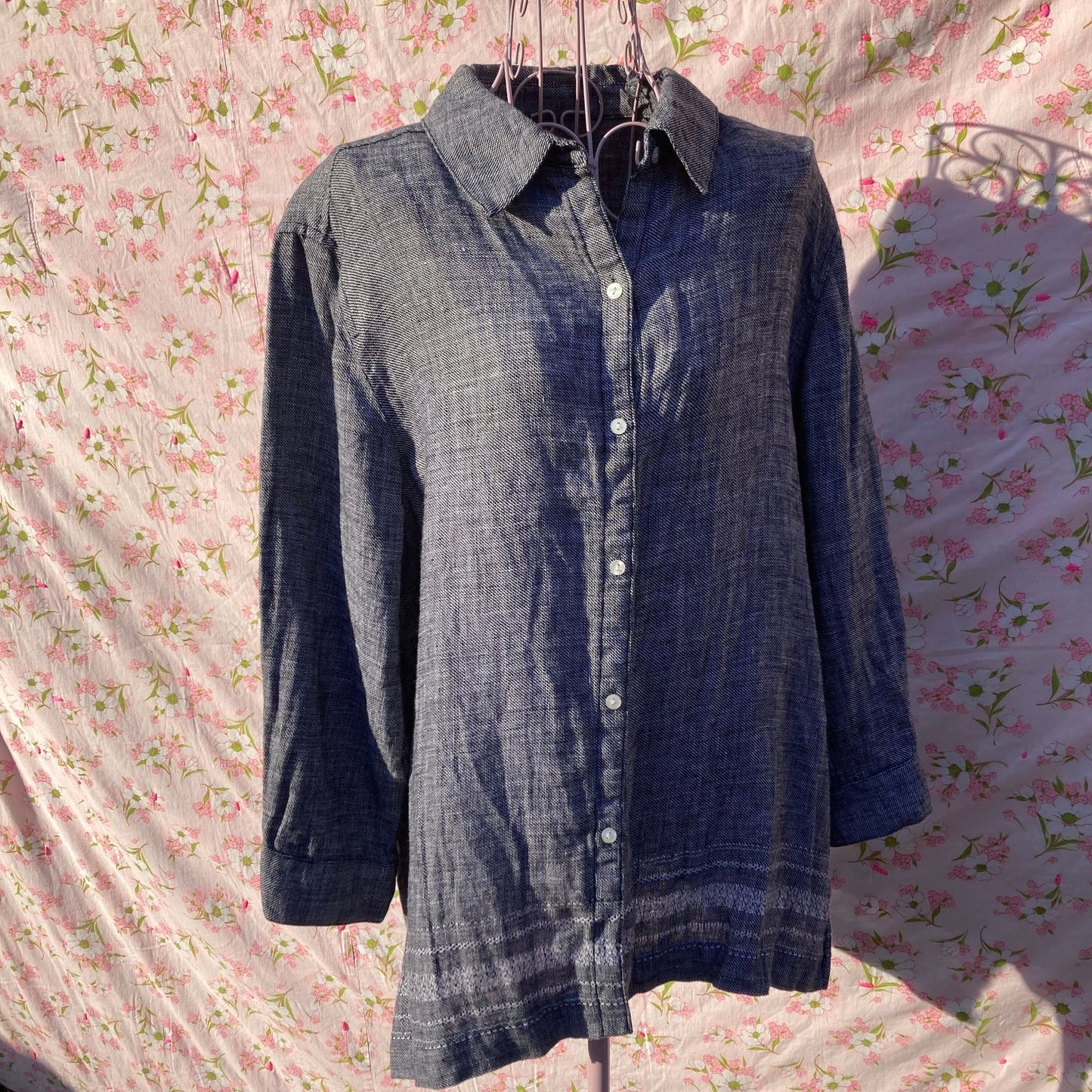 vintage y2k  shirt button up band collar top linen black white gray | M - L |  Norton McNaughton