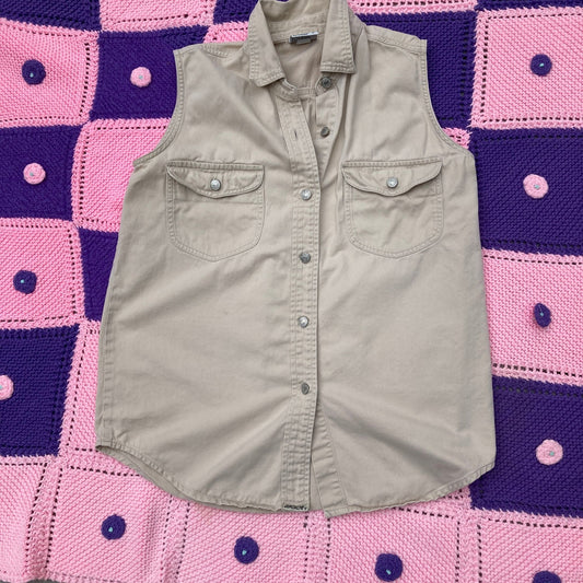 Vintage  top shirt button up collared  90s | S -M |  tan khaki 1990s soft cotton cottage core sleeveless tank Jordache