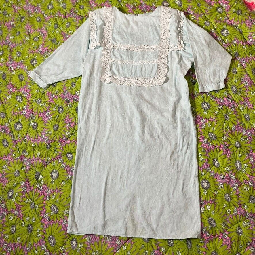 vintage 80s Jessica McClintock dress pastel blue bib collar | M - L | crochet lace floral polka dot