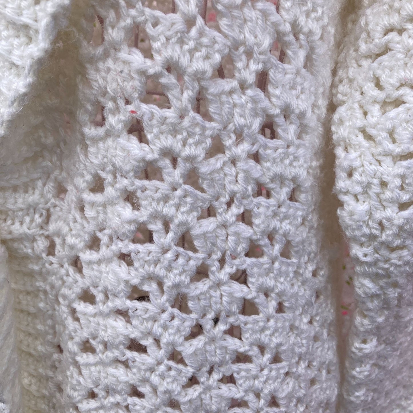 Vintage 70s sweater M  white open knit cardigan  openwork long shawl collar