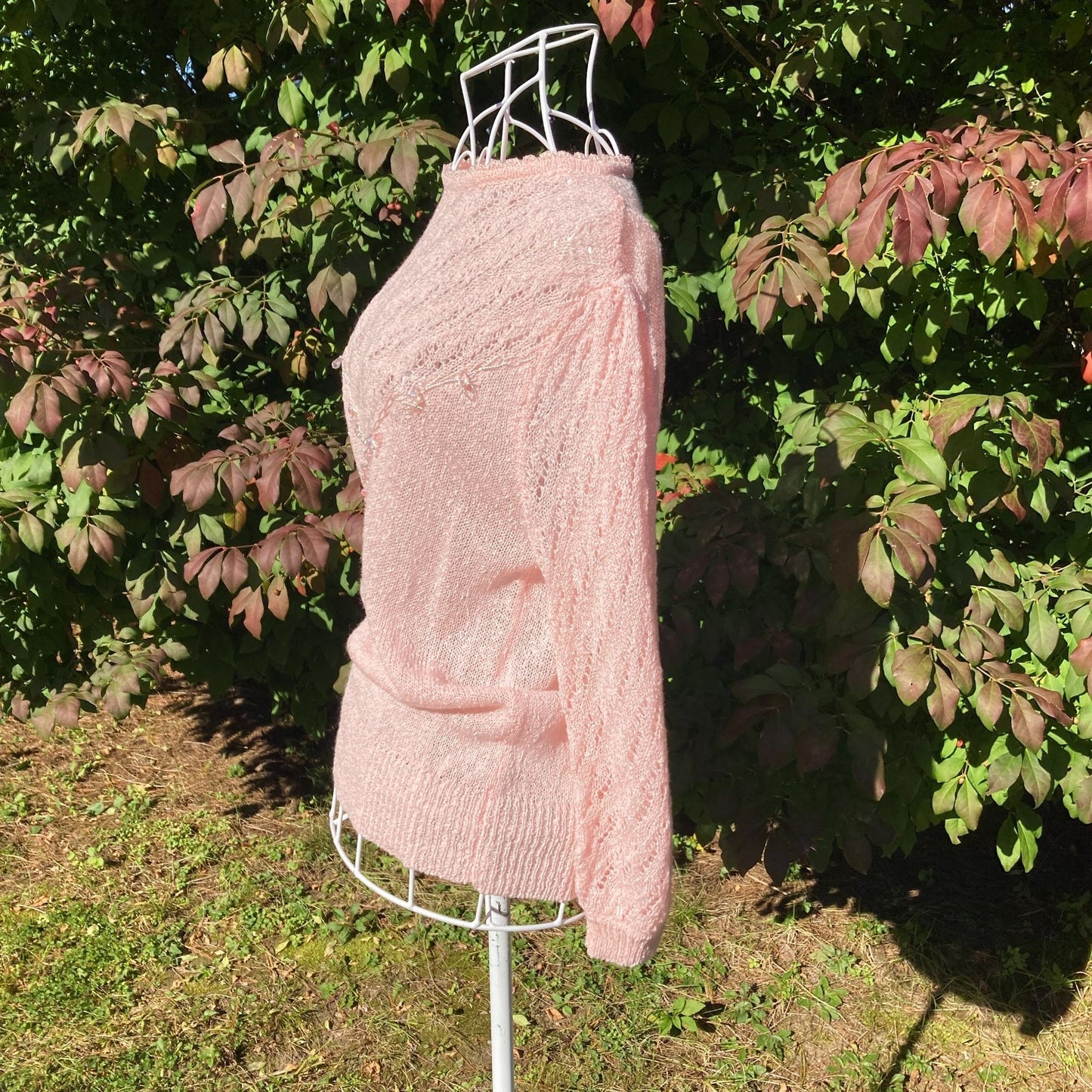 Vintage 80s 90s  sweater pastel pink beaded 1990s fairy kei kawaii crochet Exclusive Imports