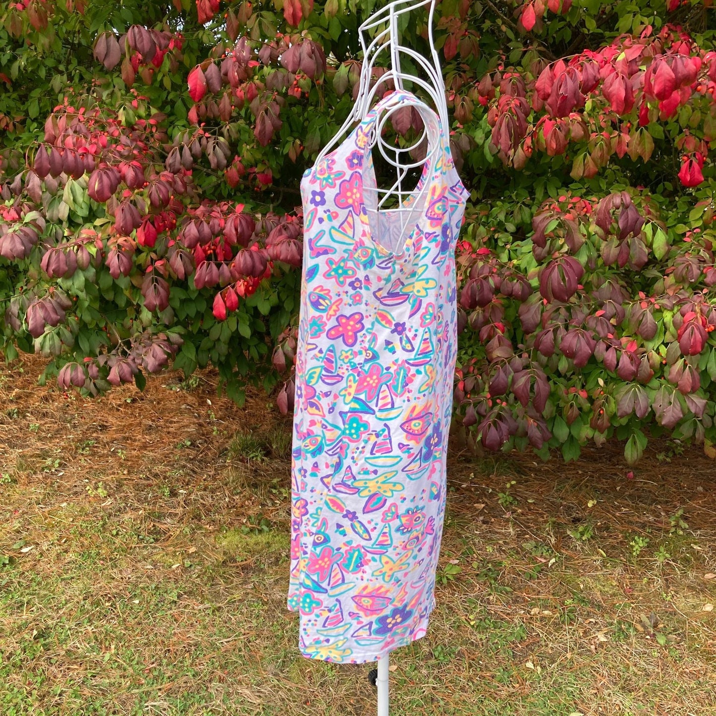 Vintage 90s dress white cotton |S-M| tank top neon pink orange purple novelty fish sail boat print beach 1990s Eyecatcher