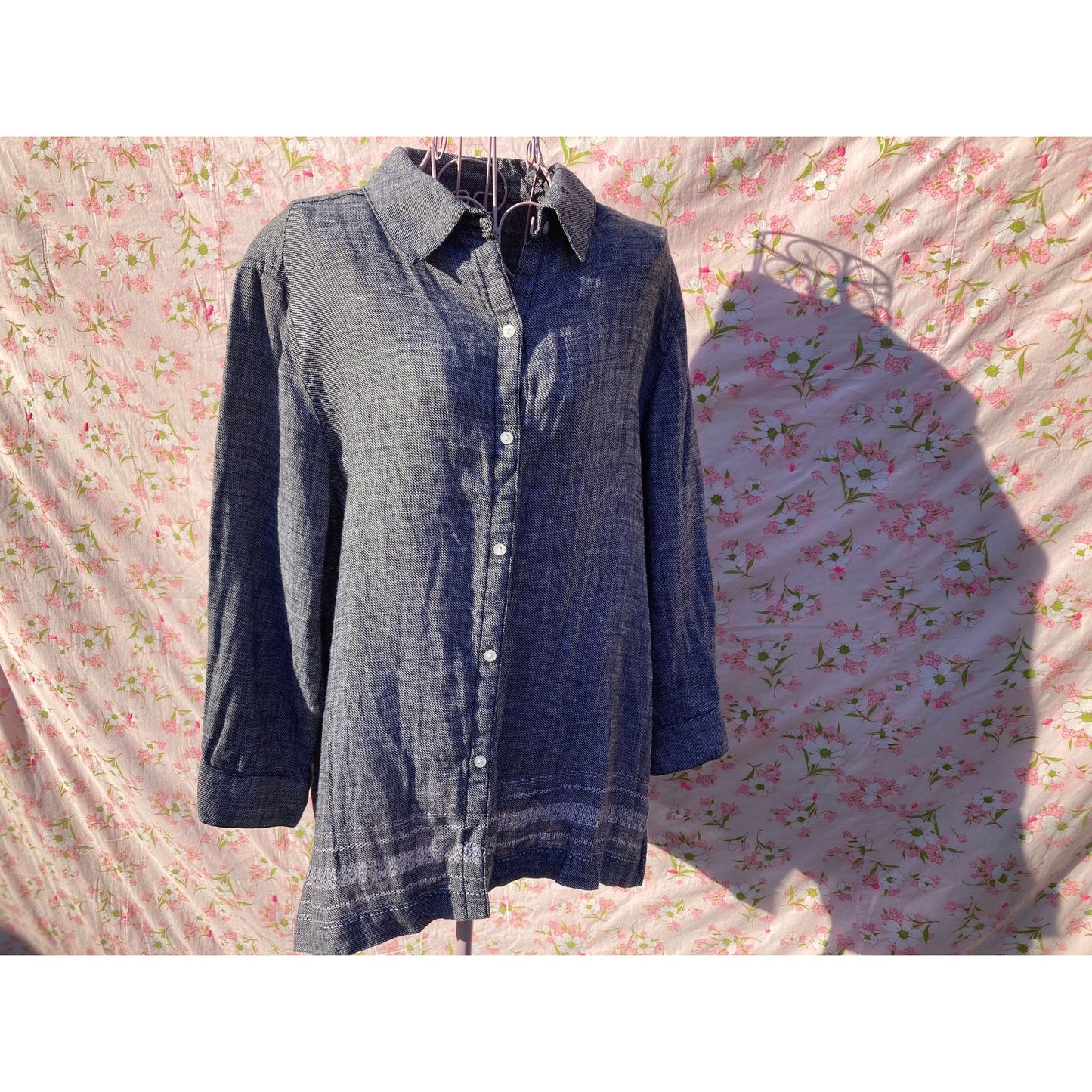 vintage y2k  shirt button up band collar top linen black white gray | M - L |  Norton McNaughton