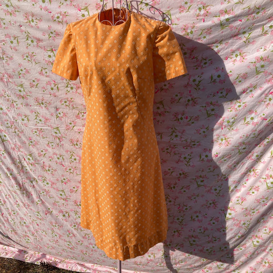 Vintage  70s shift dress |M -L| bright orange floral dot print  1970s unbranded
