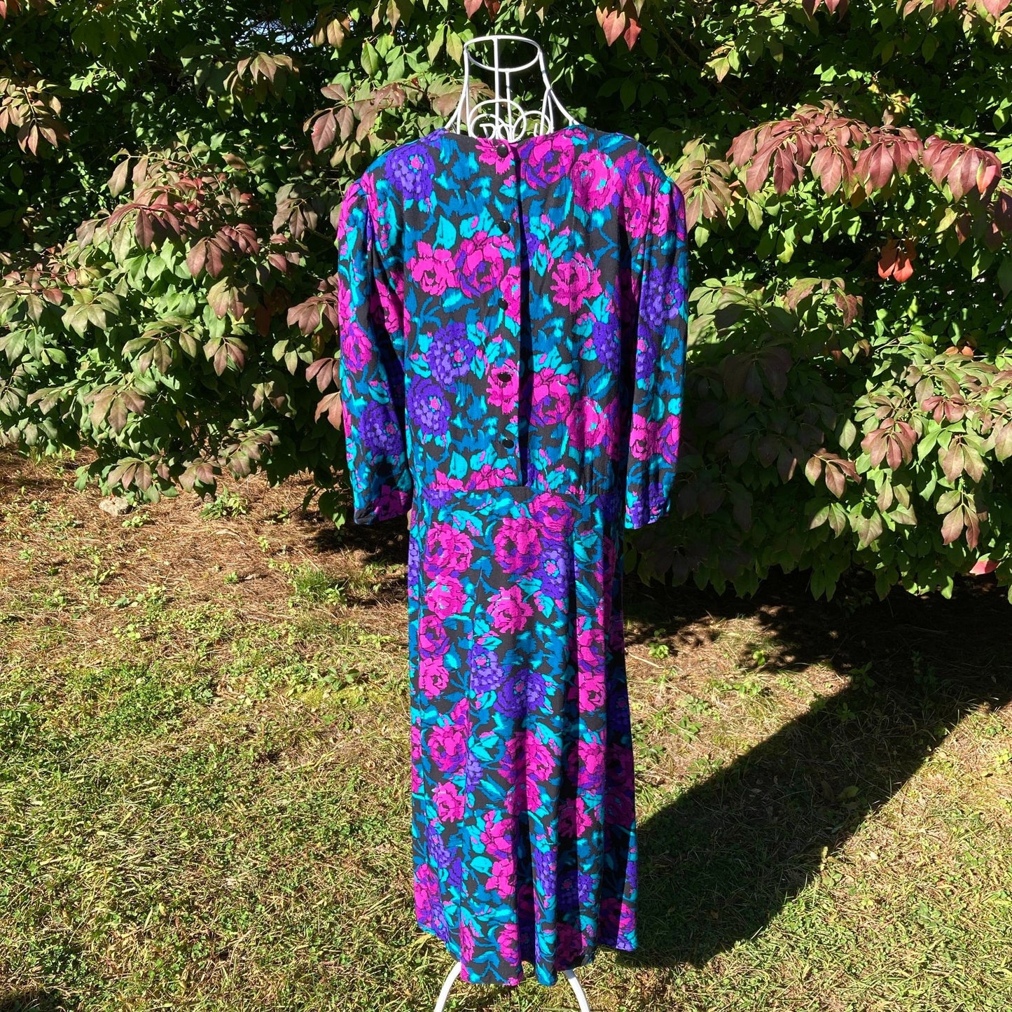 Vintage 80s dress midi |  M | 1980s cottage dark floral purple pink teal western rayon R.E.O. Originals ILGWU union made