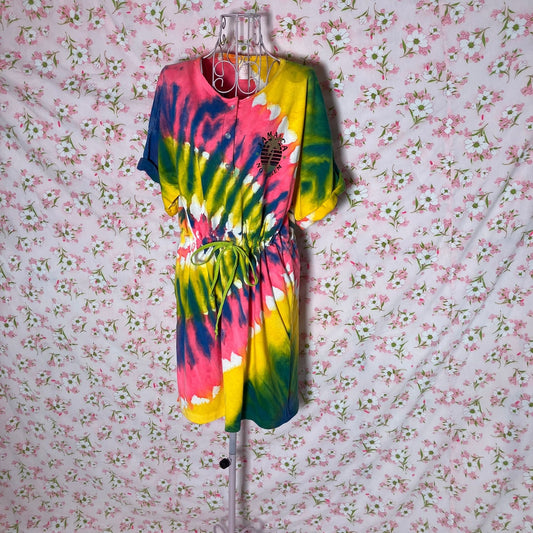 Vintage 80s 90s dress orange neon pink green blue Jamaica destination t shirt shorts sleeve | M - L | tie dye colorful drawstring waist