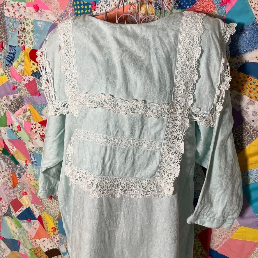 vintage 80s Jessica McClintock dress pastel blue bib collar | M - L | crochet lace floral polka dot