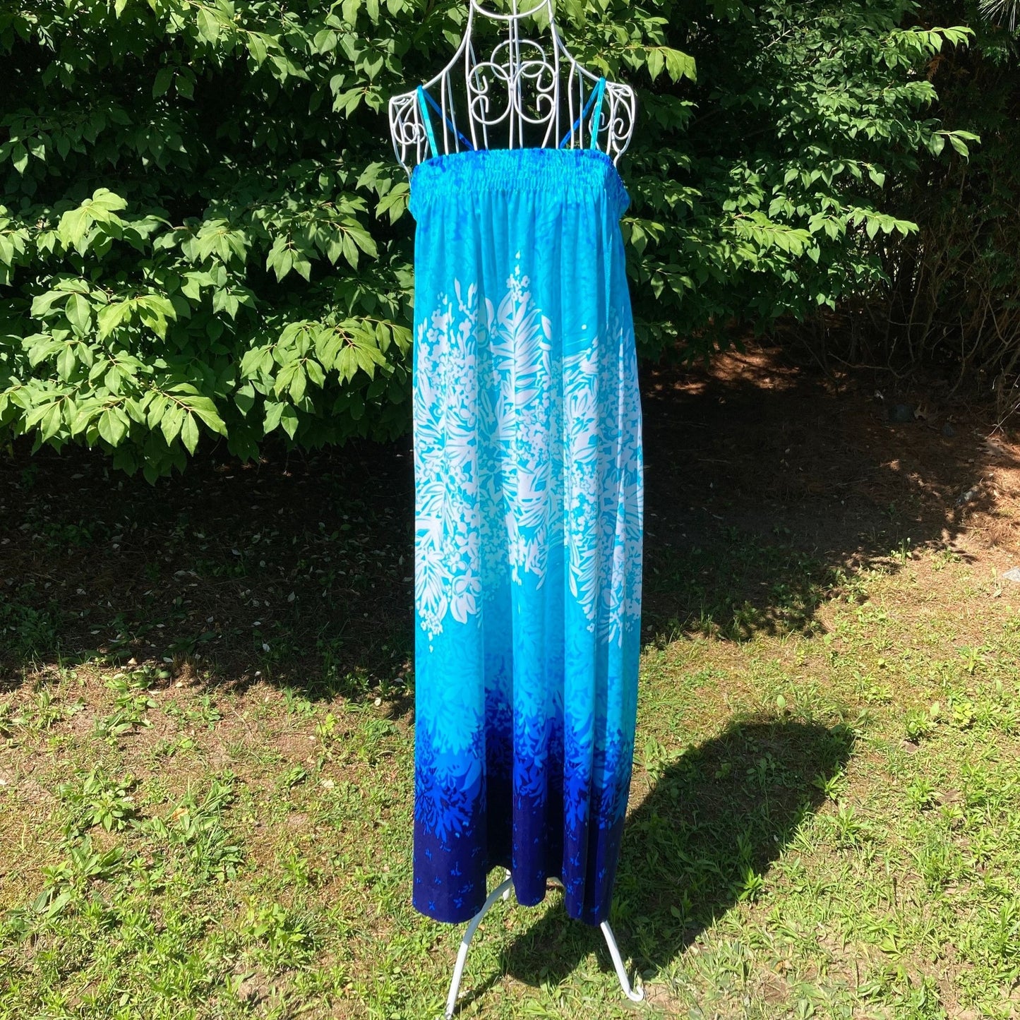 Vintage 70s deadstock dress blue teal print XS-M 1970s floral swim beach DeWeese Design nwt