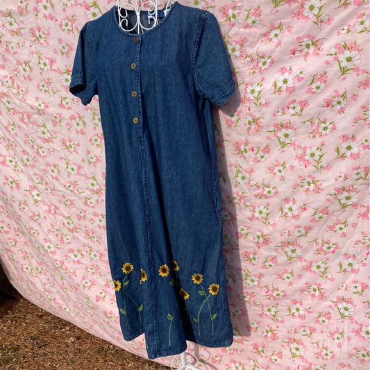 vintage 90s denim dress cottage core floral sunflower embroidery 1990s cotton western farmcore jean |S-M| La Cera