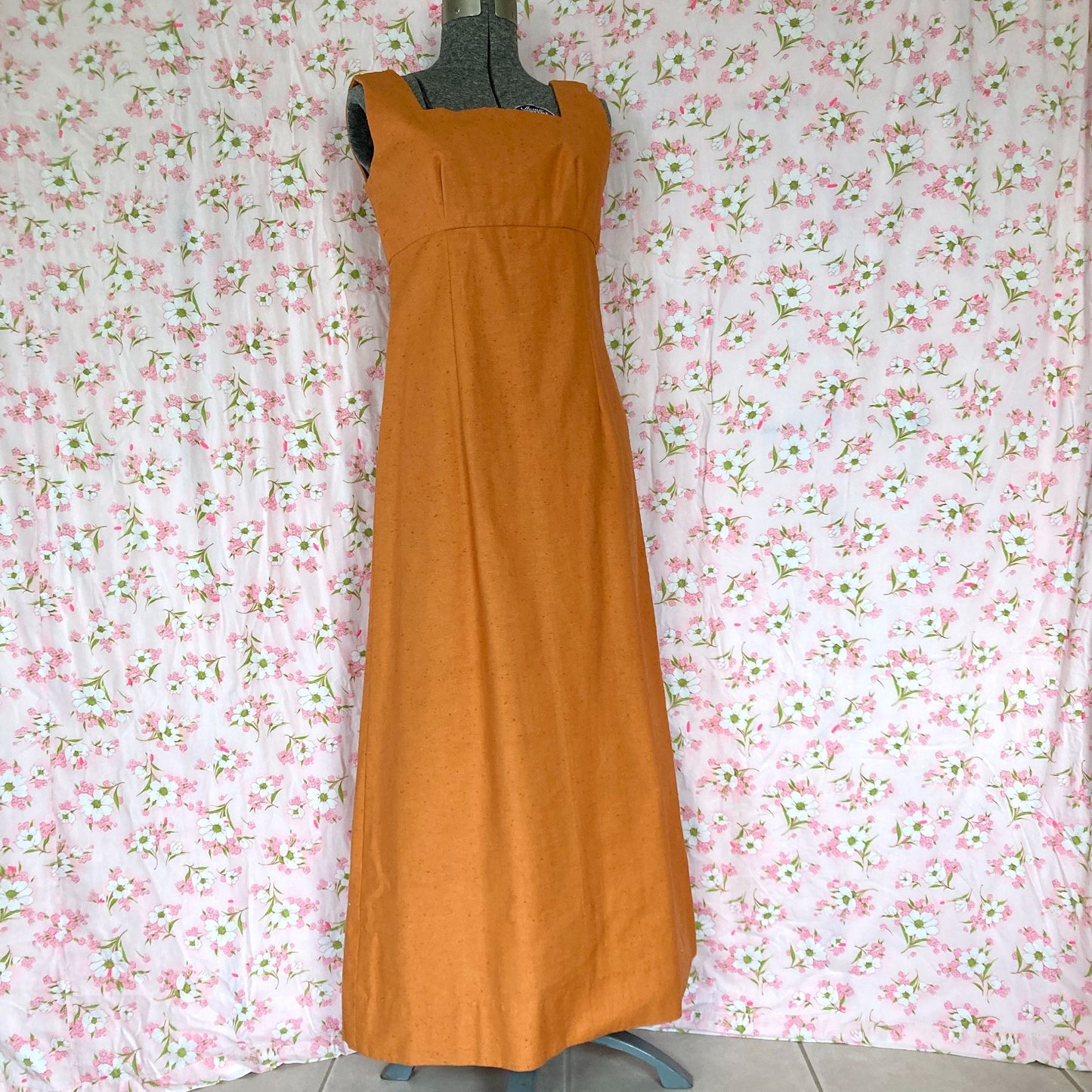 vintage 70s dress |S-M | sleeveless burnt orange  1970s hand made one of a kind rust olive green bow empire waist