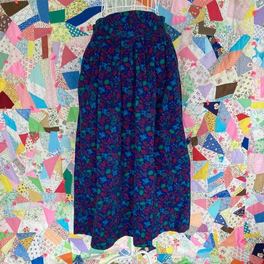 vintage 80s 90s skirt cottage core novelty print leaf bird | S-M | 27 in waist | blue green purple Portraits Northern Isles petites cotton