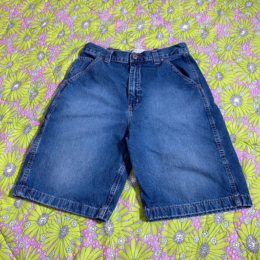 Vintage 90s y2k 31 in-32 in waist denim jean shorts forts high waist waisted fades 1990s  dark wash  carpenter 2000s Arizona long Bermuda