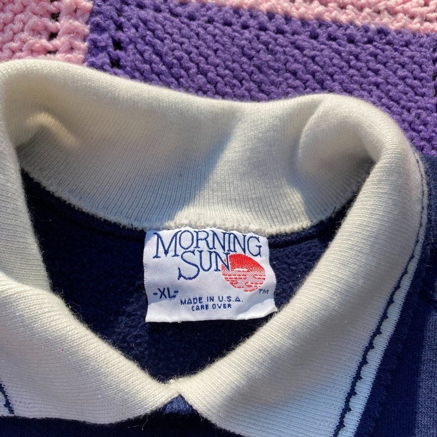 Vintage 80s grandma sweatshirt cottage Morning Sun navy blue floral |M-L| collared 1980s wheel wildflower cattails country